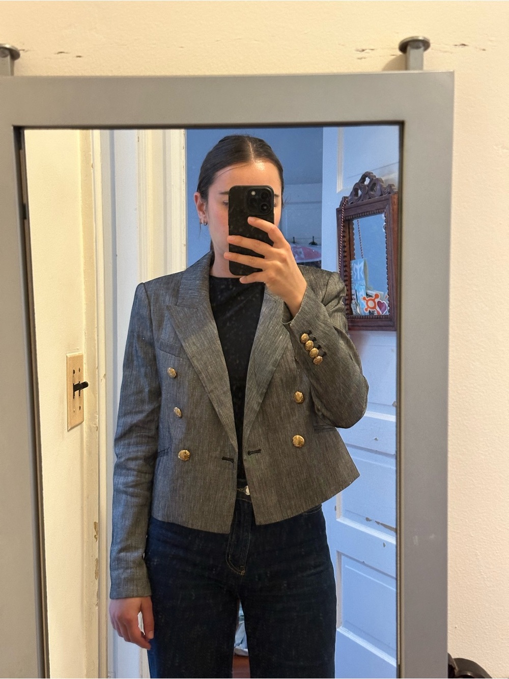 White House Black Market Charcoal Double-Breasted Cropped Blazer Gold Buttons